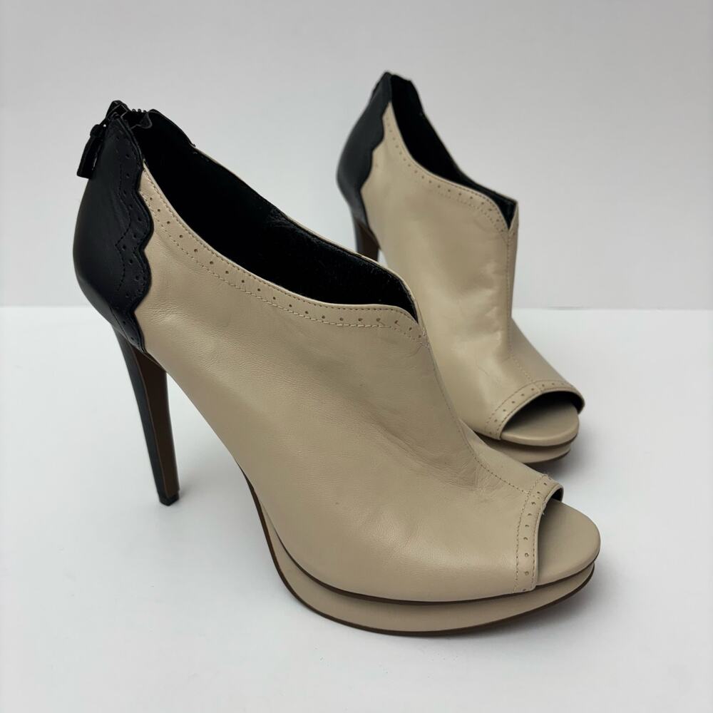 Trouve Two Tone Black & Ivory Vintage Style Stiletto Peep Toe Leather Booties-10
